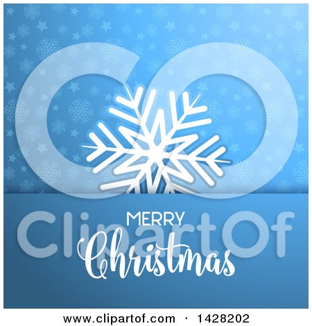 Clipart of a White Snowflake and Merry Christmas Greeting over Stars and Snowflakes on Blue - Royalty Free Vector Illustration by KJ Pargeter