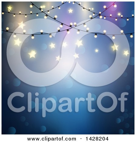 Clipart of a Blue Background with Bokeh Flares, Stars and String Lights over Text Space - Royalty Free Vector Illustration by KJ Pargeter