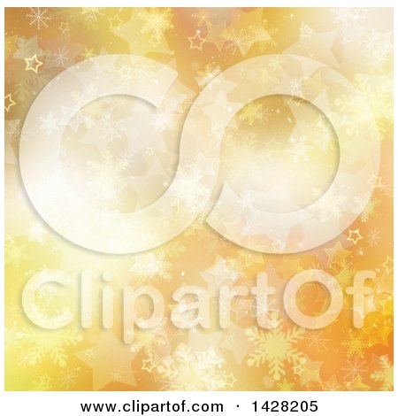 Clipart of a Golden and Orange Christmas Winter Background of Snowflakes and Stars - Royalty Free Illustration by KJ Pargeter