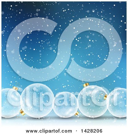 Clipart of a Background of 3d Transparent Glass Christmas Bauble Ornaments over Blue with Falling Snow - Royalty Free Vector Illustration by KJ Pargeter