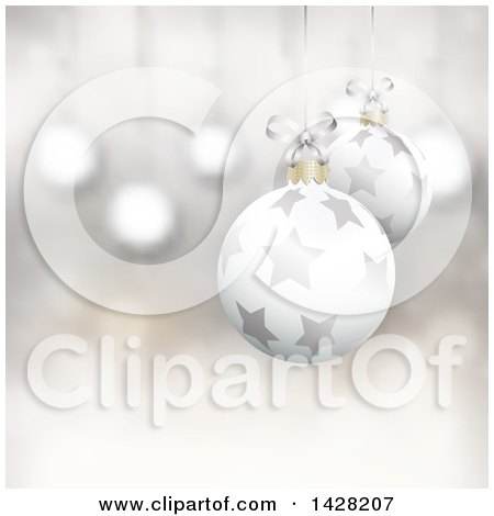 Clipart of a Background of Suspended 3d Star Christmas Bauble Ornaments over Blur - Royalty Free Vector Illustration by KJ Pargeter