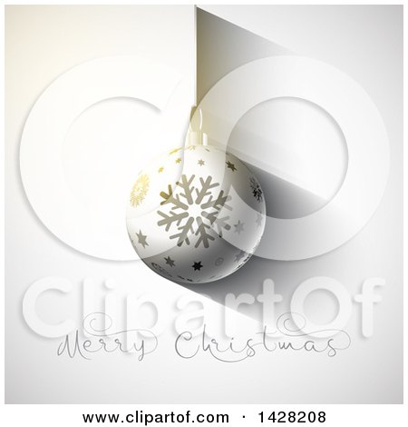 Clipart of a 3d Suspended Snowflake Bauble Ornament over Mery Christmas Text on Gray - Royalty Free Vector Illustration by KJ Pargeter