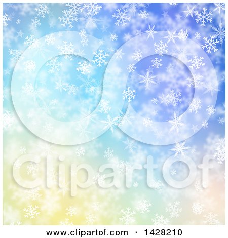 Clipart of a Gradient Purple Blue and Yellow Christmas Winter Background of Snowflakes - Royalty Free Illustration by KJ Pargeter