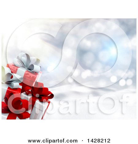 Clipart of a Background with 3d Christmas Gift Boxes over Snow and Sunshine - Royalty Free Illustration by KJ Pargeter