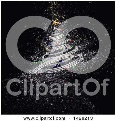 Clipart of a 3d Siver Wire Christmas Tree with a Gold Star and Colorful Baubles over Black with Glitter - Royalty Free Illustration by KJ Pargeter