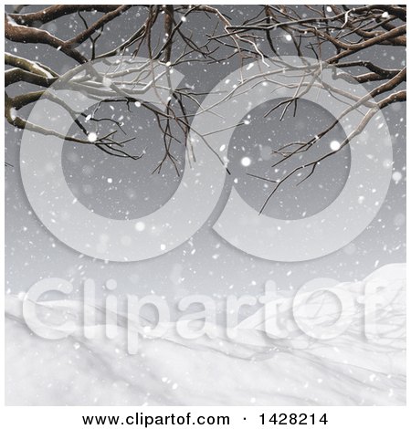 Clipart of a 3d Hilly Winter Landscape with Bare Tree Branches in a Snow Storm - Royalty Free Illustration by KJ Pargeter