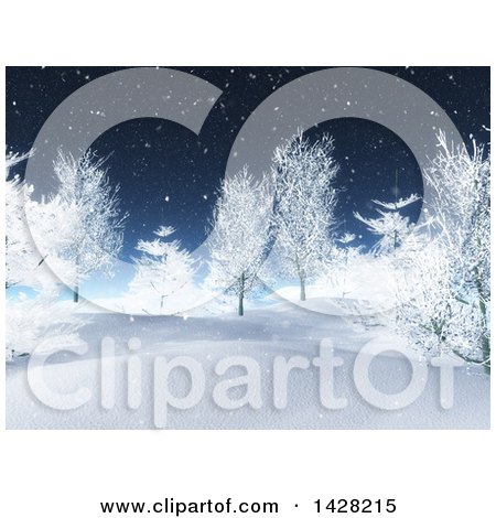 Clipart of a 3d Hilly Winter Landscape with Snow Fall and Trees - Royalty Free Illustration by KJ Pargeter