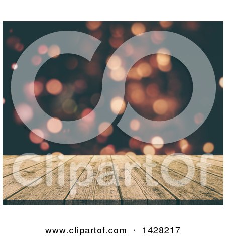 Clipart of a 3d Aged Wood Surface over Blurred Bokeh Lights - Royalty Free Illustration by KJ Pargeter