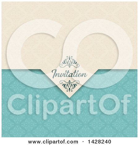 Clipart of a Vintage Beige and Turquoise Damask Patterned Invitation Design with Text - Royalty Free Vector Illustration by KJ Pargeter