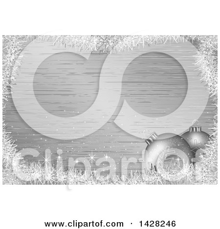 Clipart of a Background of 3d Silver Snowflake Christmas Baubles, a Border of Tinsel, and Metal - Royalty Free Vector Illustration by dero