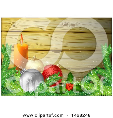 Clipart Of A Christmas Background of Holly, Branches, Baubles and a Candle Over Wood - Royalty Free Vector Illustration by dero