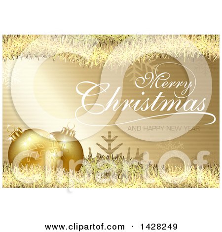 Clipart of a Merry Christmas and a Happy New Year Greeting over 3d Golden Snowflake Christmas Baubles, Tinsel, Snowflakes and Stripes over Gold - Royalty Free Vector Illustration by dero