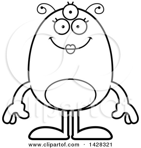 Clipart of a Cartoon Black and White Lineart Happy Female Alien - Royalty Free Vector Illustration by Cory Thoman