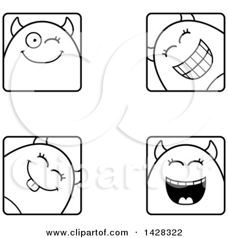 Black and White Lineart Clipart of Winking Devil Faces - Royalty Free Vector Illustration by Cory Thoman