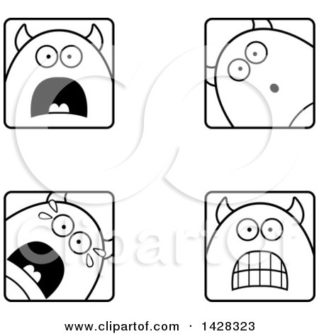 Black and White Lineart Clipart of Scared Devil Faces - Royalty Free Vector Illustration by Cory Thoman