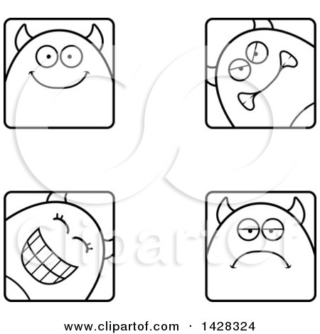 Black and White Lineart Clipart of Devil Faces - Royalty Free Vector Illustration by Cory Thoman