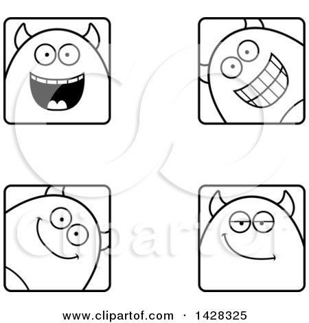 Black and White Lineart Clipart of Happy Devil Faces - Royalty Free Vector Illustration by Cory Thoman