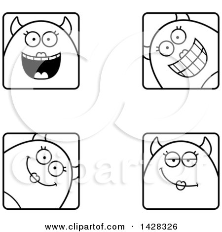 Black and White Lineart Clipart of Happy Female Devil Faces - Royalty Free Vector Illustration by Cory Thoman