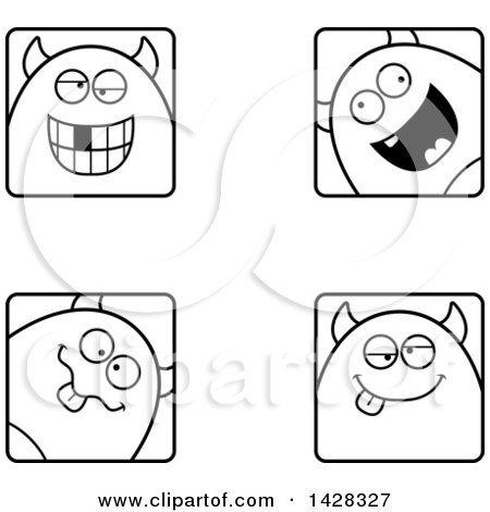 Black and White Lineart Clipart of Goofy Devil Faces - Royalty Free Vector Illustration by Cory Thoman