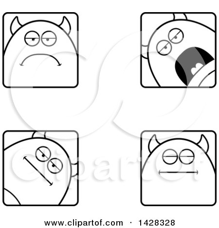 Black and White Lineart Clipart of Calm Devil Faces - Royalty Free Vector Illustration by Cory Thoman