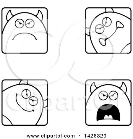 Black and White Lineart Clipart of Angry Devil Faces - Royalty Free Vector Illustration by Cory Thoman