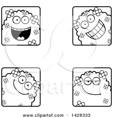 Clipart of Black and White Lineart Happy Shrub Monster Faces - Royalty Free Vector Illustration by Cory Thoman