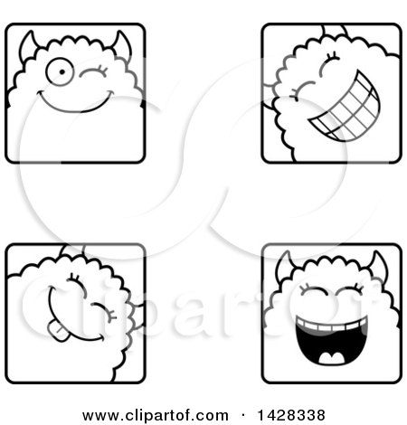 Clipart of Black and White Lineart Winking Monster Faces - Royalty Free Vector Illustration by Cory Thoman