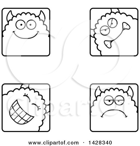 Clipart of Black and White Lineart Monster Faces - Royalty Free Vector Illustration by Cory Thoman
