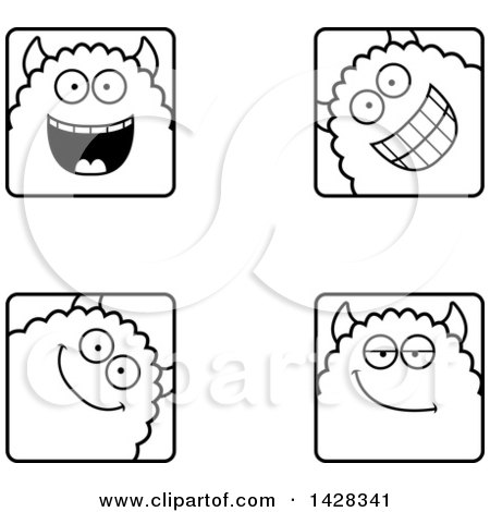 Clipart of Black and White Lineart Happy Monster Faces - Royalty Free Vector Illustration by Cory Thoman