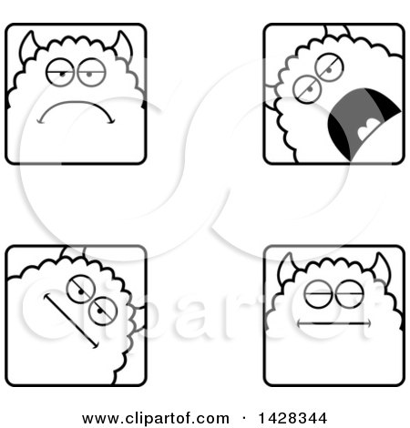 Clipart of Black and White Lineart Calm Monster Faces - Royalty Free Vector Illustration by Cory Thoman