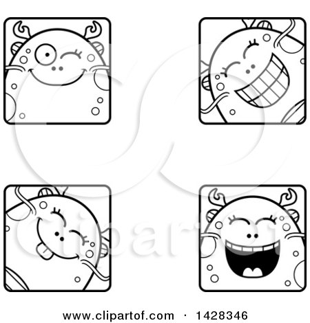 Clipart of Black and White Lineart Winking Fish Monster Faces - Royalty Free Vector Illustration by Cory Thoman