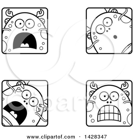 Clipart of Black and White Lineart Scared Fish Monster Faces - Royalty Free Vector Illustration by Cory Thoman