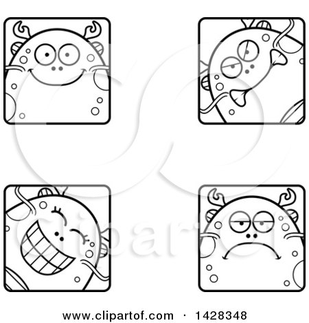 Clipart of Black and White Lineart Fish Monster Faces - Royalty Free Vector Illustration by Cory Thoman