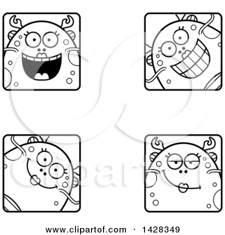 Clipart of Black and White Lineart Happy Female Fish Monster Faces - Royalty Free Vector Illustration by Cory Thoman