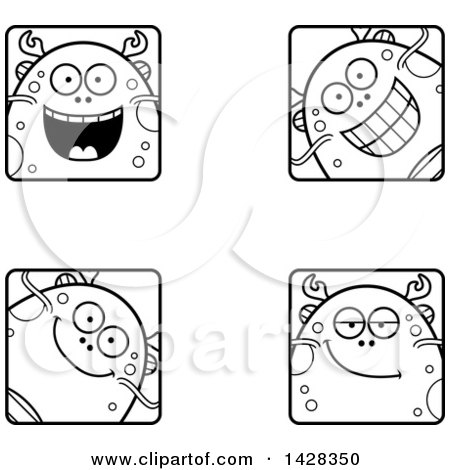 Clipart of Black and White Lineart Happy Fish Monster Faces - Royalty Free Vector Illustration by Cory Thoman