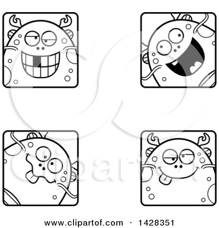 Clipart of Black and White Lineart Goofy Fish Monster Faces - Royalty Free Vector Illustration by Cory Thoman