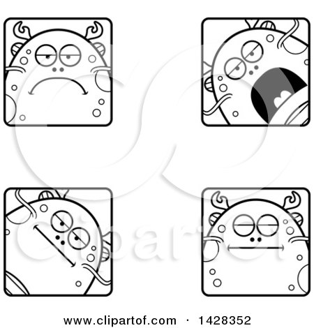 Clipart of Black and White Lineart Calm Fish Monster Faces - Royalty Free Vector Illustration by Cory Thoman