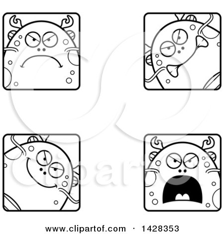 Clipart of Black and White Lineart Mad Fish Monster Faces - Royalty Free Vector Illustration by Cory Thoman