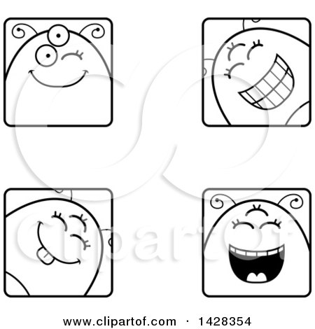 Clipart of Black and White Lineart Four Winking Alien Faces - Royalty Free Vector Illustration by Cory Thoman