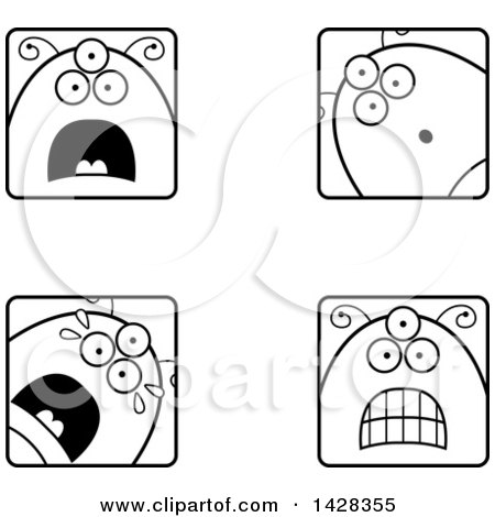 Clipart of Black and White Lineart Four Scared Alien Faces - Royalty Free Vector Illustration by Cory Thoman