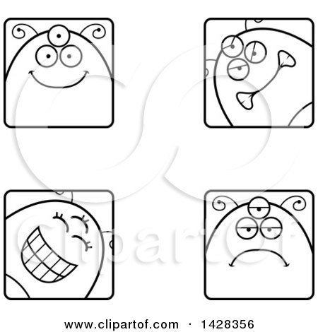 Clipart of Black and White Lineart Four Alien Faces - Royalty Free Vector Illustration by Cory Thoman