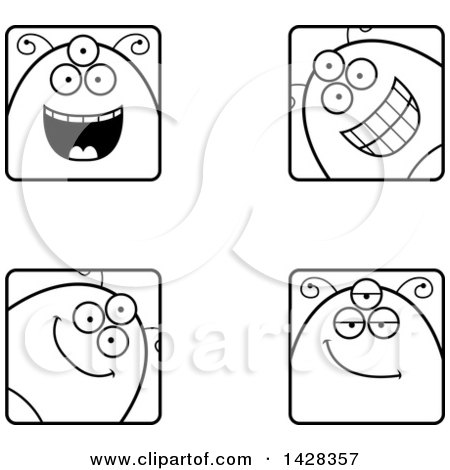 Clipart of Black and White Lineart Four Happy Alien Faces - Royalty Free Vector Illustration by Cory Thoman