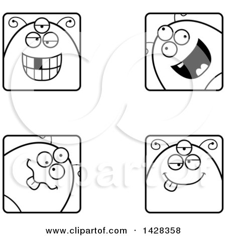 Clipart of Black and White Lineart Four Goofy Alien Faces - Royalty Free Vector Illustration by Cory Thoman