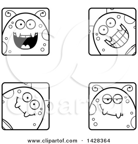 Clipart of Black and White Lineart Happy Fly Faces - Royalty Free Vector Illustration by Cory Thoman