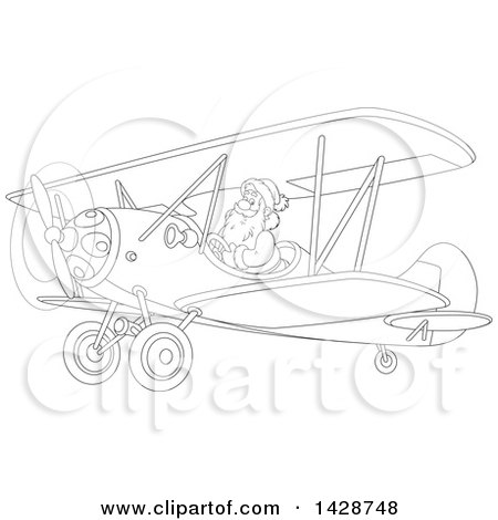Clipart of a Cartoon Black and White Lineart Christmas Santa Claus Flying a Biplane - Royalty Free Vector Illustration by Alex Bannykh