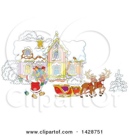Clipart of Two Reindeer Waiting As Santa Claus Loads His Sleigh with Christmas Gifts in Front of His Home - Royalty Free Vector Illustration by Alex Bannykh