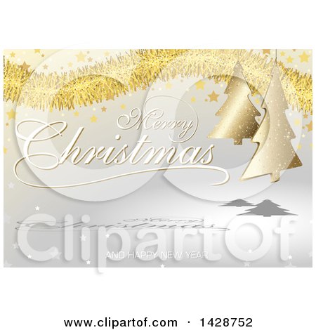 Clipart of a Merry Christmas and Happy New Year Greeting with Gold Tinsel, Stars and Trees over Gray - Royalty Free Vector Illustration by dero