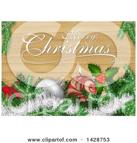 Clipart of a Merry Christmas Greeting over Wood, Holly, a Candle, Bauble, Tinsel and Branches - Royalty Free Vector Illustration by dero