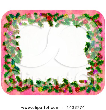Clipart of a Christmas Frame of Holly Leaves and Berries on Pink Watercolour - Royalty Free Vector Illustration by Prawny