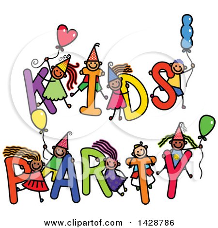 Clipart of a Doodled Sketch of Children Playing on the Words Kids Party - Royalty Free Vector Illustration by Prawny
